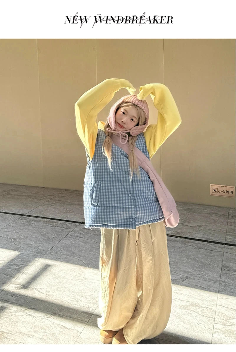 Cute Blue Plaid Puffy Vest Women Loose Vintage Sleeveless Warm Thick Winter Sweet Vest Coat Korean Preppy Style Outwear Top voguable