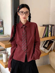 Slim Vintage Striped Tie Shirt Women Fall Long Sleeve American Preppy Style Blouse Casual Female Turn Town Collar Retro Tops New voguable