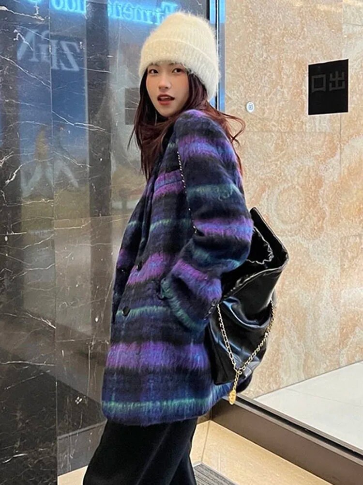 Loose Purple Plaid Casual Big Size Woolen Coat Parkas New Lapel Long Sleeve Women Fashion Tide Autumn Winter voguable