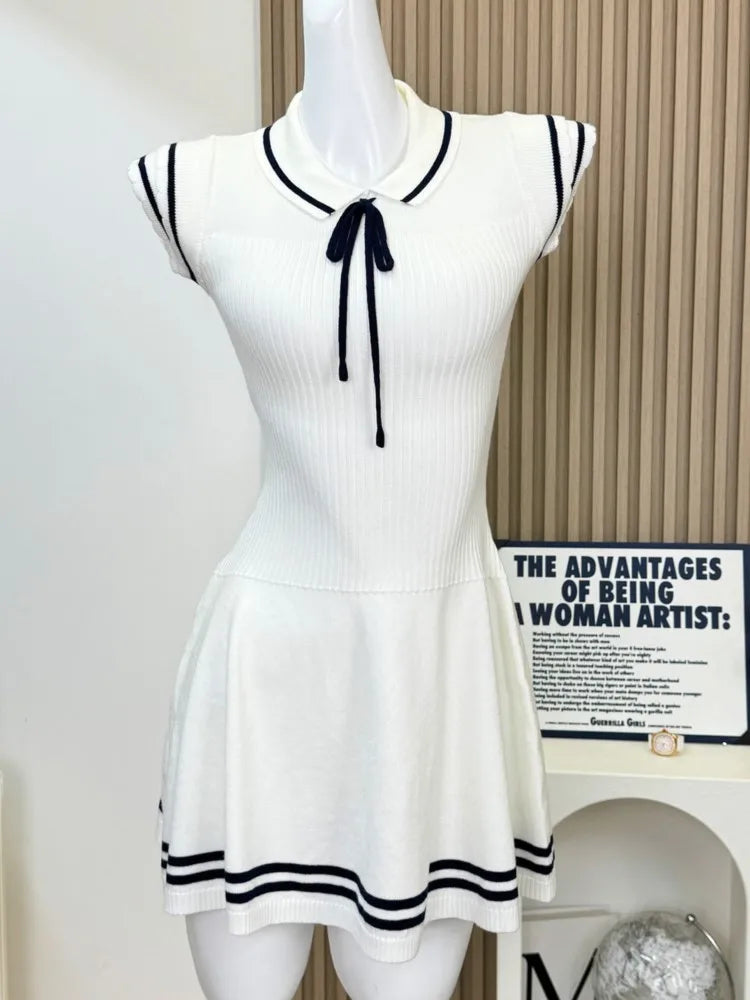 Lapel Lace-up Knit Short Dress 2024 New Fashion Casual A-line Mini Dress For Women Academic Style Pleat Summer Female Vestidos voguable