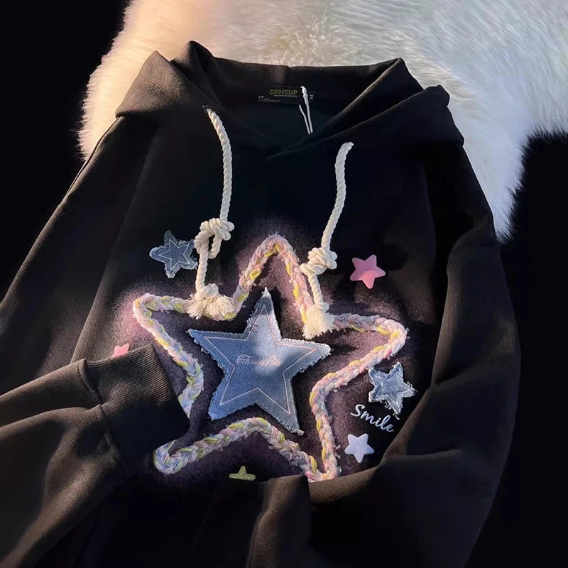 Vintage Star Print Hoodies Women Streetwear Loose Long Sleeve Sweatshirts American Retro Bf Casual Harajuku Pullover Tops voguable