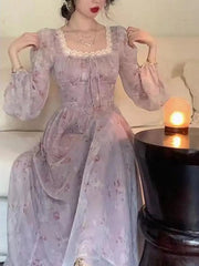 Voguable  Women Vintage Violet Print Square Neck Lace Fairy Dress Solid Elegant Bodycon Autumn Party Lady Pleated Princess Long Dress Boho voguable