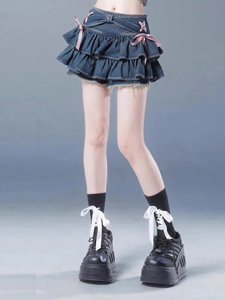 Voguable New Blue Denim Pleated Skirt Y2K Aesthetic Sweet Pink Bow Lace Up Ruffles Cake Mini Skirts Harajuku Women Kawaii Short Skirt 90s voguable