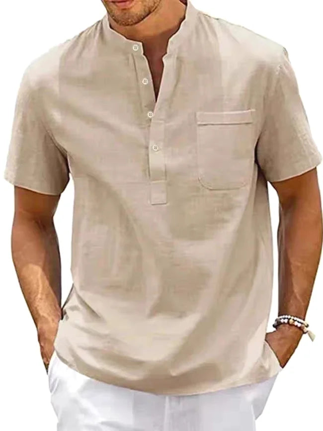 Voguable  Slim Fit Cotton Linen irt Men's f Open Collar ort Sve Breathable Workwear irt Henry Collar Smo Trendy Summer voguable