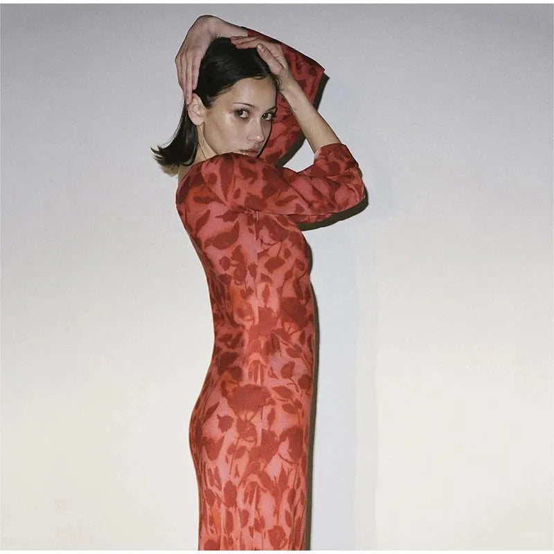 Ladies Elegant Floral Print Flare Sleeve Chiffon Maxi Dress Summer Women O Neck Printing Slim Beach Holiday Party Dress Vestido voguable