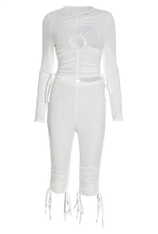 Voguable  Women's pullover with hollowed out circular pleats and adjustable drawstring, cropped pants with exposed navel set voguable