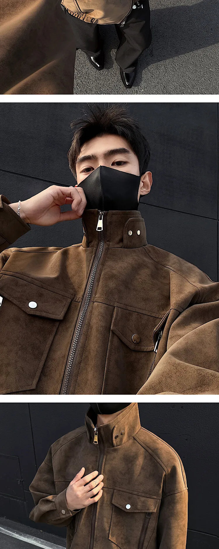 Mens Short Stand Collar Motorcycle Jacket Patchwork Cargo Biker Coat Spring Outdoor Riding Fashion Streetwear Urban Trendy voguable