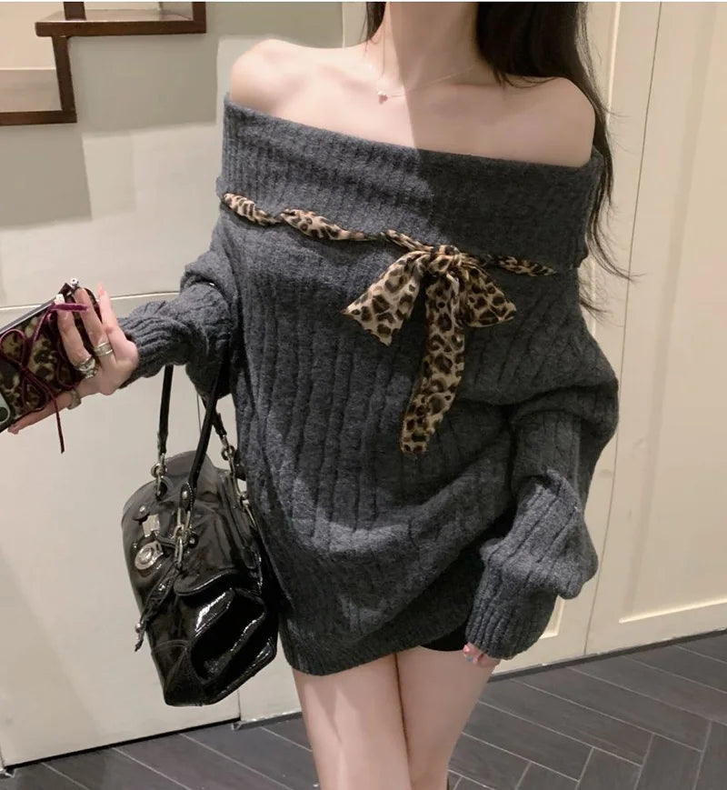 Sexy Off Shoulder Y2K Sweater Women Vintage Leopard Lace Up Knitted Jumper Casual Lazy Wind Long Sleeve Slash Neck Pullover voguable
