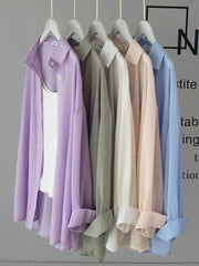 Voguable Chiffon Women Thin Shirts Summer Perspective Button Up Solid Korean Sun Shirt Long Sleeve Fashion Korean Ladies Tops New voguable