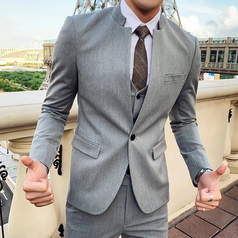 (Jackets+Vest+Pants) Sinicism Men's stand Collar High Quality Suits Male Slim Fit Solid Color Business Tuxedo Man Casual Blazers voguable