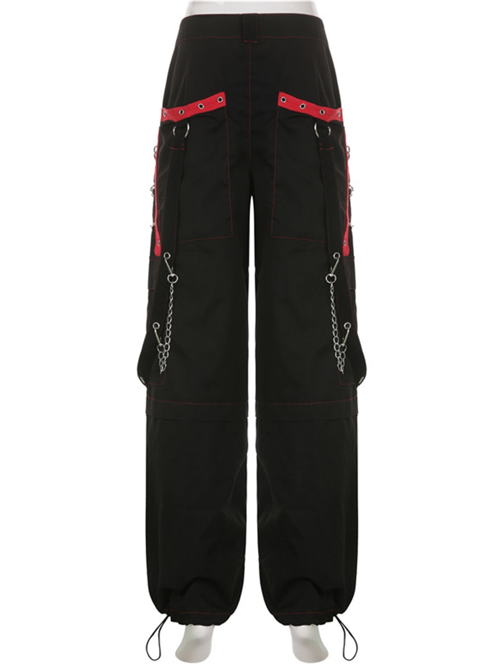 Cyber Punk Unisex Cargo Wide Leg Pants Chain Bandage Ruched Tie Capris Pants Women Gothic Baggy Trousers BF Hippie Grunge Jogger voguable