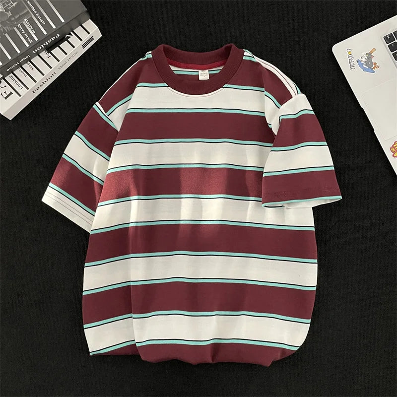 Voguable  Japanese Couple Color-blocking Short-sleeved T-shirt Hong Kong Style Loose Trend Striped Heavy Round Neck Half-sleeved T-shirt voguable