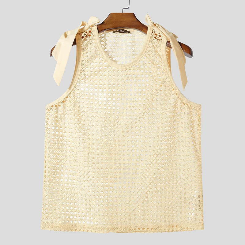Summer Men Tank Tops Hollow Out See Through Bow Patchwork Sleeveless Male Vests Streetwear Sexy 2025 Fashion Men Clothes voguable