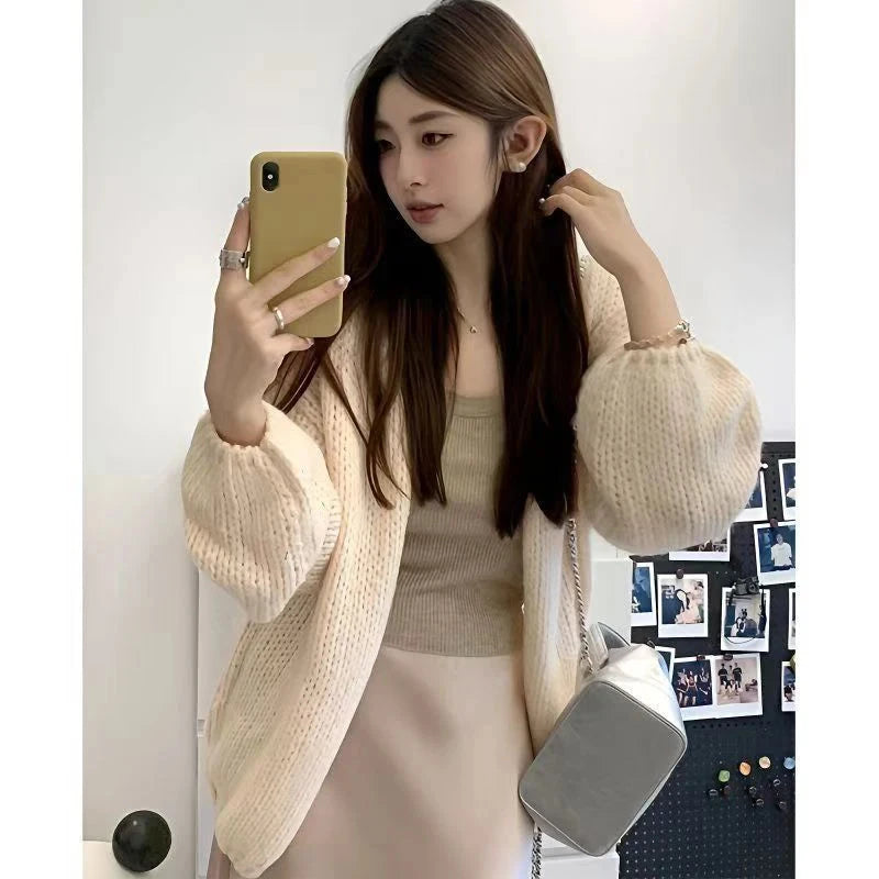Lazy Wind Retro Cardigan Women Casual Loose Long Sleeve Korean Knitted Sweaters Coats Vintage Fall Winter Simple Solid Tops New voguable