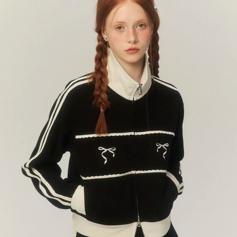 American Retro Lace Embroidery Zip Up Hoodie Bow Graphic Stand Collar Sweatshirt Causal Track Cardigan Kpop Clothes Chic voguable