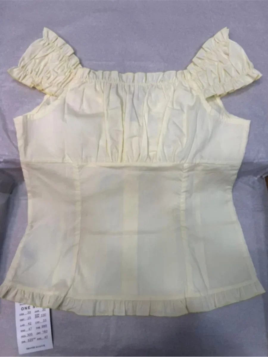 Voguable  Yellow Sweet Folds Blouse Casual Single Top Women Breasted Ruffle Sleeveless Tank Cute Casual Tops Vest Preppy Style Camis Y2K voguable