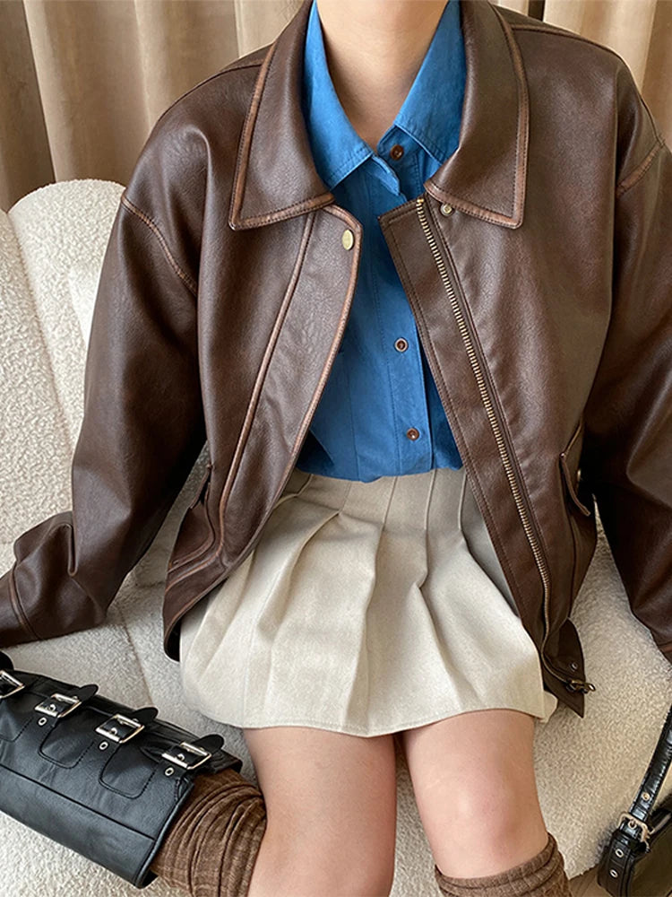 Vintage Maillard Leather Jacket Silhouette Craft PU Leather Motorcycle Jacket Top Women Loose Thickened Brown Coat Spring Autumn voguable