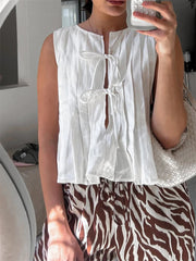 White Bandage Ribbed Tank Top Shirts For Women Hollow Out Sleeveless Slim Summer Fashion Vest Women's Lace-Up Vest Y2k Top voguable