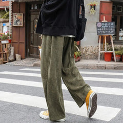 Autumn Men Pants Solid Color Wide Leg Elastic Waist Loose Straight Corduroy Trousers Relaxed Fit Corduroy Pants for Jogging voguable