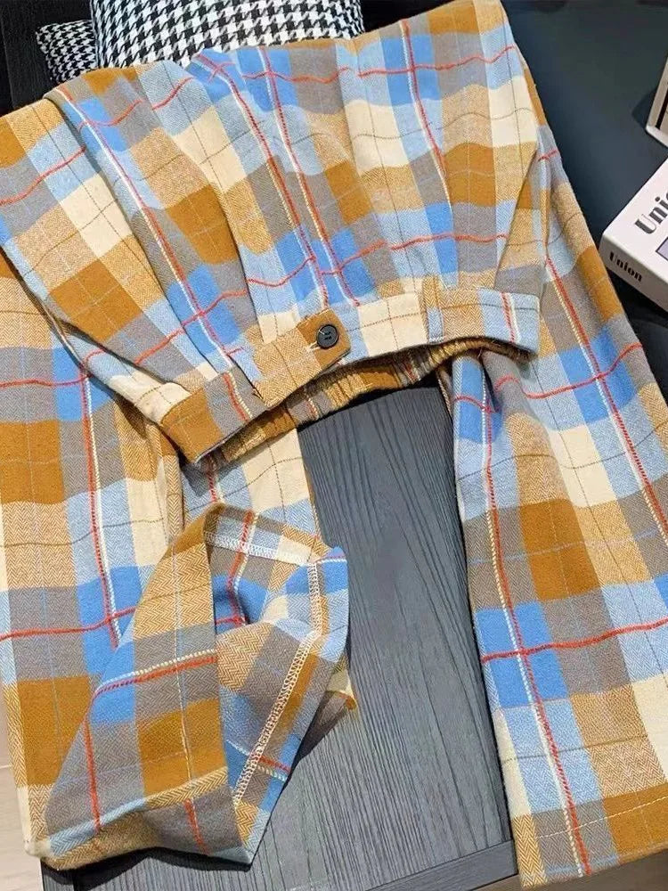 Vintage Fall Plaid Wide Leg Pants Women Casual Loose High Waist Retro Trousers American Pockets Lady High Quality Straight Pant voguable