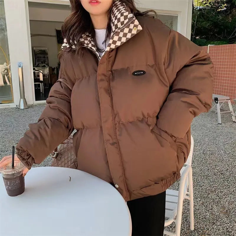 New Winter Down Cotton Jacket Women Zipper Loose Padded Coat Female Solid Thickening Warm Puffer Parkas Jackets Black White voguable