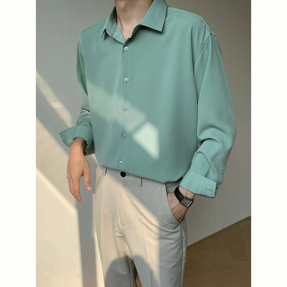 Autumn High-end Maillard Long Sleeve Ice Silk Shirts for Men and Women Korean Fashion Loose Solid Color Button Men Dress Shirt voguable