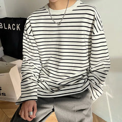 Autumn Korean Fashion Retro Heavy Striped Long Sleeve T-shirt Men Round Neck Harajuku Loose Casual Inner Wear Oversized T Shirt voguable