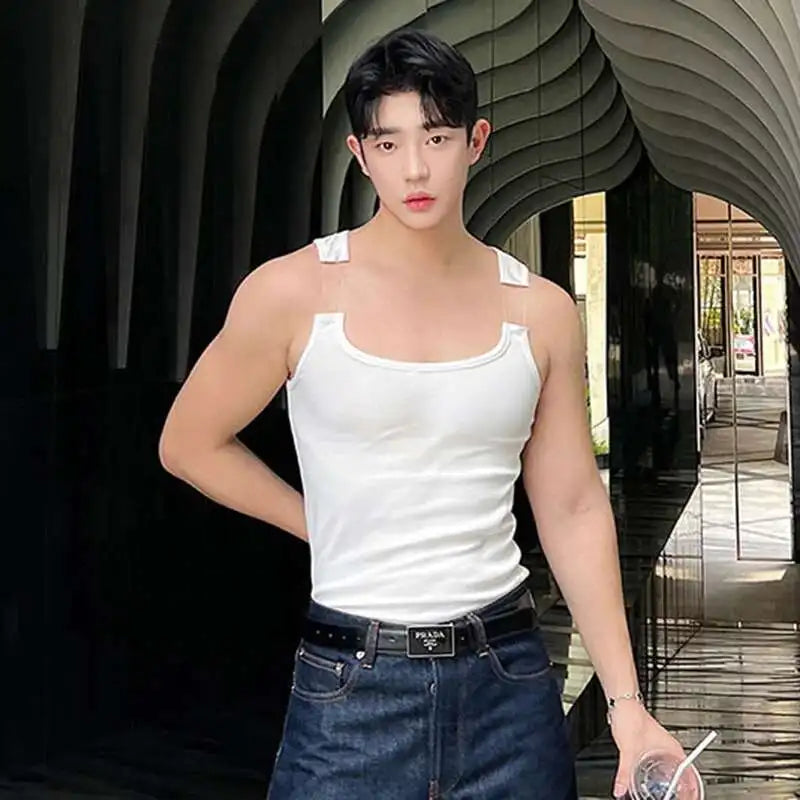 2025 New Fashion Male Vest Patchwork Personality Sleeveless Top Men's Solid Color Slim T-shirt Spring Trendy 9A8204 voguable
