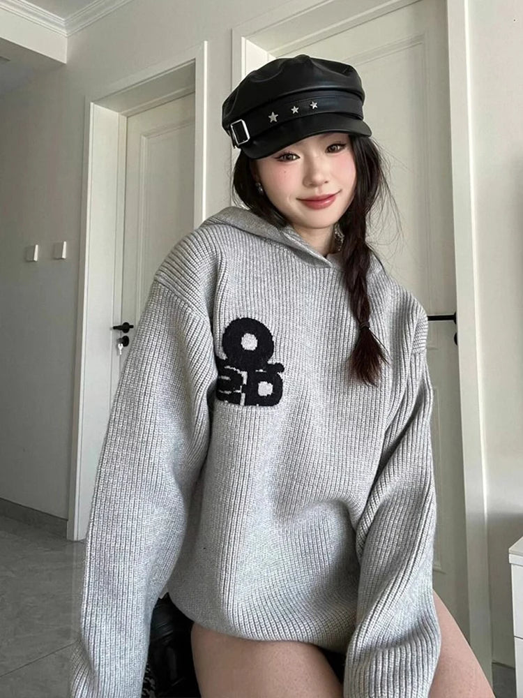 Vintage Gray Hooded Sweaters Women Lazy Wind Long Sleeve Loose Letter Knitted Jumper Casual American Retro Fall Pullovers voguable