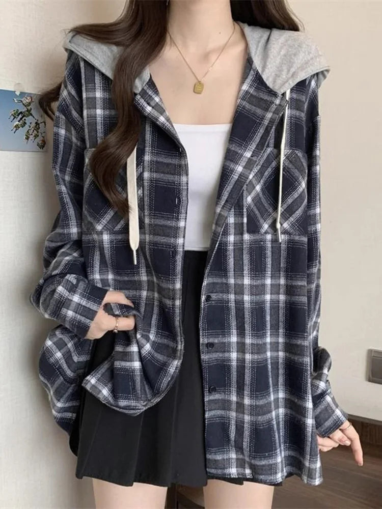 Vintage Plaid Hooded Shirt Women Oversize Long Sleeve Y2K Blouse American Casual Harajuku Female Vintage Spring Tops New voguable