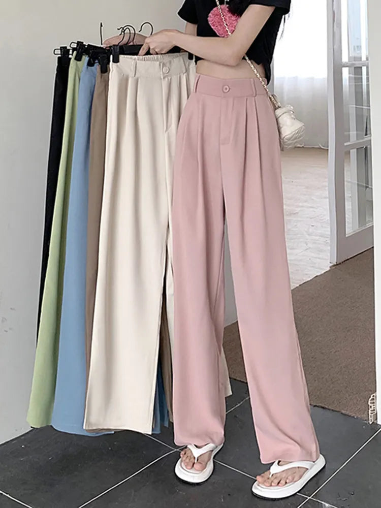 Voguable  Elastic High Waist Women Suit Pants Casual Loose Summer Straight Trousers Korean Simple Solid Female Pant voguable