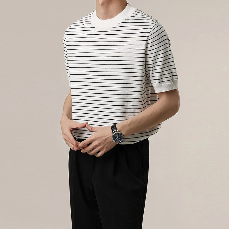 Summer Men's Clothing Luxury Knitted O Collar Striped T Shirt Leisure Korean Popular Short Sleeve Retro Breathable Knitwear voguable