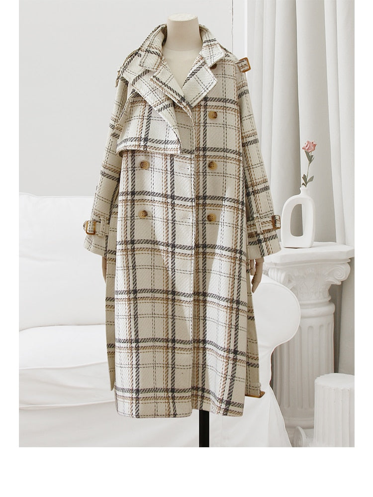 Autumn Winter Long Loose Warm Plaid Wool Blends Trench Coat for Women Raglan Sleeve Belt Double Breasted Woolen Overcoat voguable
