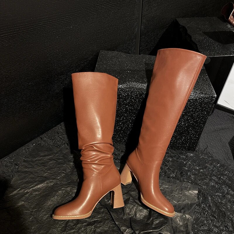 Fashion Women Knee High Boots Square Toe Split Leather Long Boots High Heels Casual Shoes Woman Autumn Winter Size 34-42 voguable
