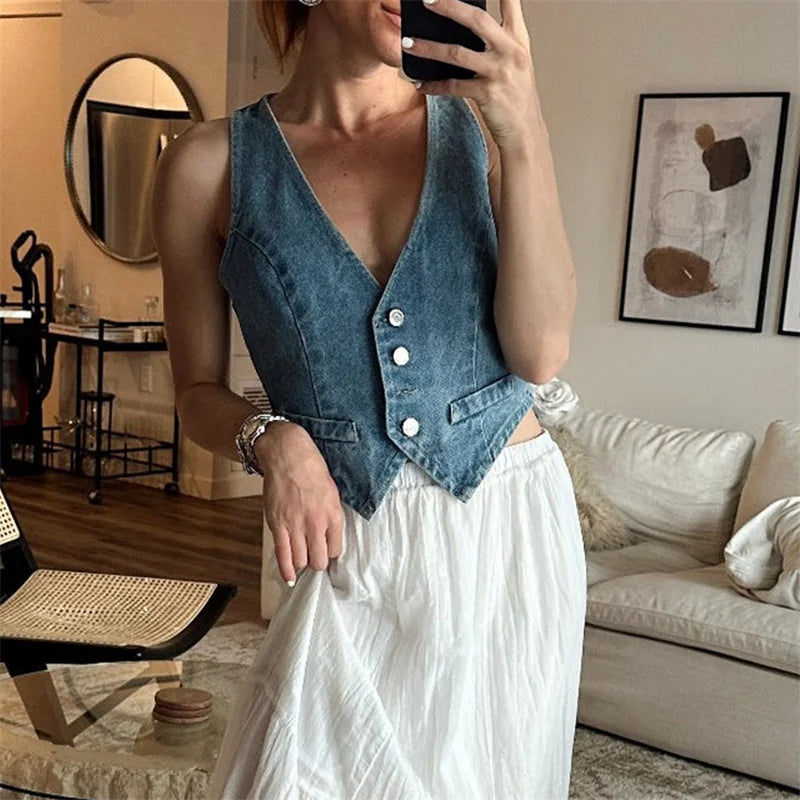 Denim Vest y2k Clothes Women Summer V Neck Button Front Sleeveless Tank Tops Jean Waistcoat 2000s Clothes Streetwear voguable