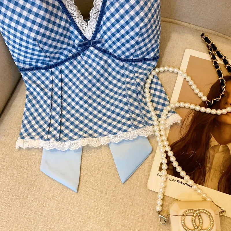 French Sweet Spicy Camis Hanging Neck Camisole Lace Patchwork Plaid Print Short Top Sexy Deep V-neck Bandage Halter Crop Tops voguable