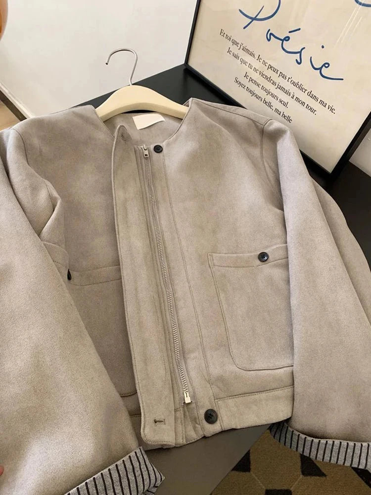 Women Faux Suede Y2K Jacket American Retro O Neck Long Sleeve Casual Coat Retro Casual Harajuku Streetwear Fall Winter Tops voguable