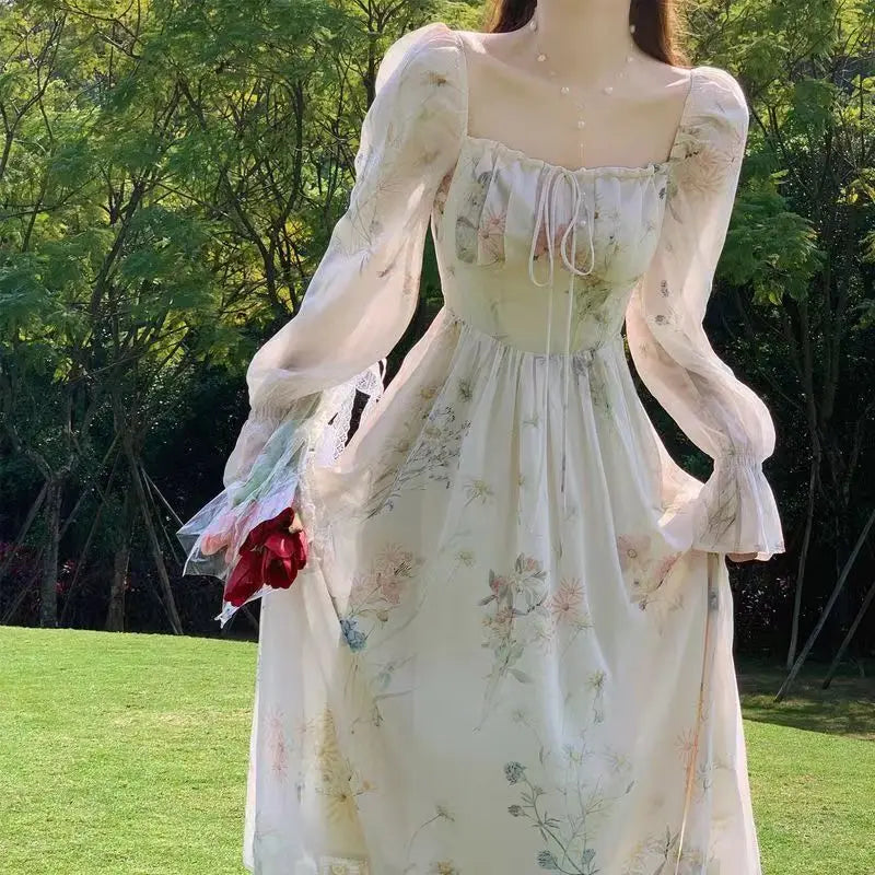 Voguable  Summer Elegant Floral Fairy Dress Woman Beach Style Party Long Sleeve Midi Dress Fashion French Style Chiffon Dress voguable