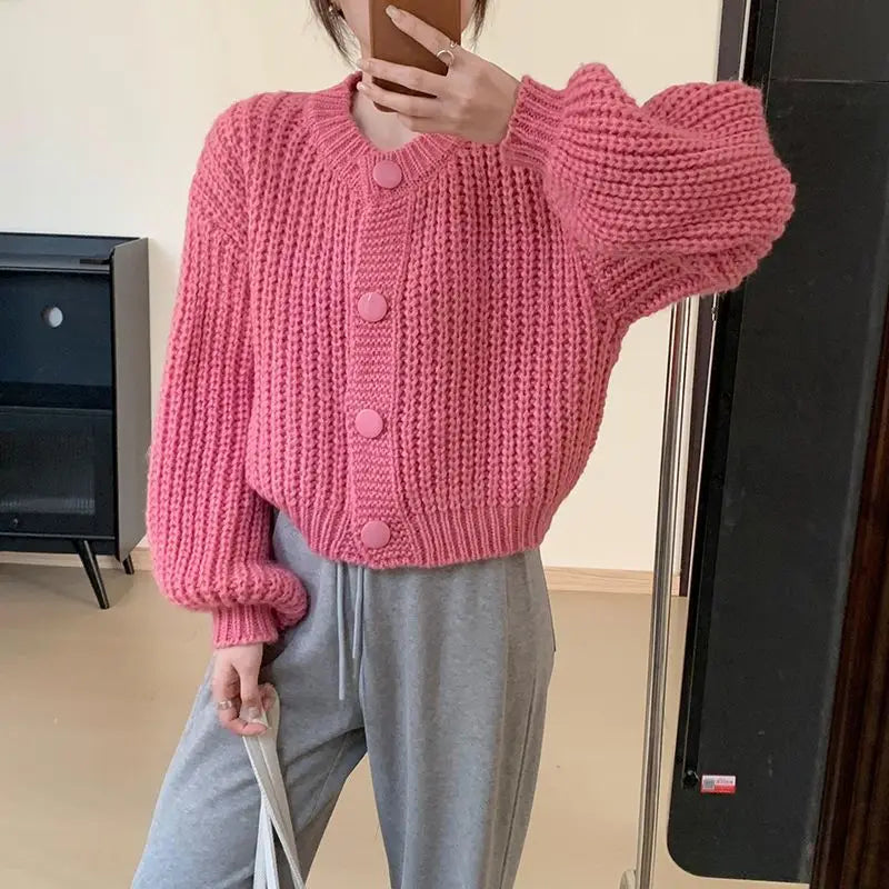 Warm Color Vintage Fashion Women Sweater Coat New Korean All-match V-Neck Knitted Lantern Sleeve Chic Loose Thick Cardigans Tops voguable
