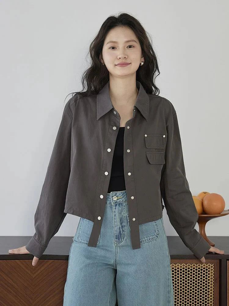 American Y2K Cargo Jacket Women Fall Casual Long Sleeve Vintage Short Coat Harajuku Turn Down Collar New Solid Hip Hop Tops voguable