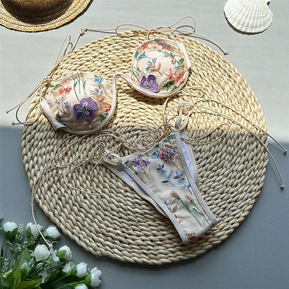 Voguable  Beige Shiny Flower Embroidery Swimwear Thong Micro Push Up Bikini Set Sexy Swimsuit Women Bathing Suit String Bikinis Mujer voguable