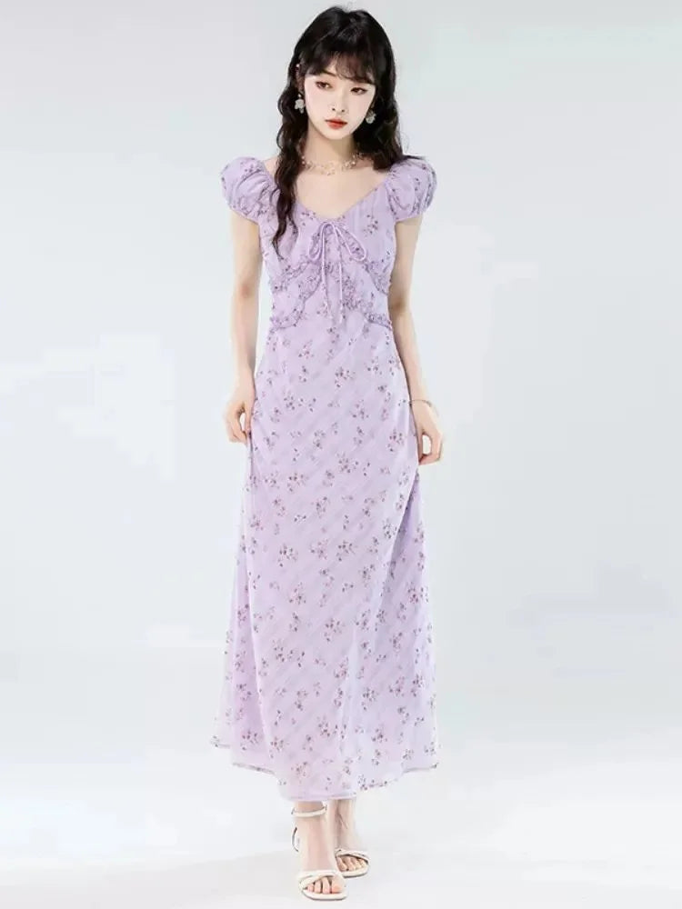 Floral Women Sweet Long Dress Elegant Vintage V Neck Slim Dress Casual Short Sleeve French Summer Retro Lady Vestidos New voguable
