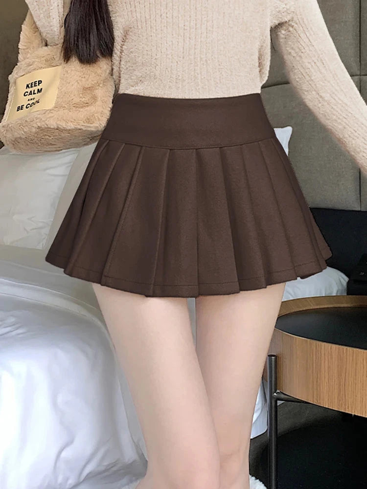 Retro Faux Woolen Pleated Skirt Women Sweet Slim Sexy Mini A Line Skirts Preppy Style High Waist Fall Winter Korean Skirt voguable