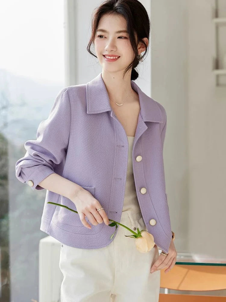 Elegant Slim Purple Jacket Women Sweet Long Sleeve Small Fragrance Coat Casual Fall Winter Lady French Pockets Fashion Tops voguable