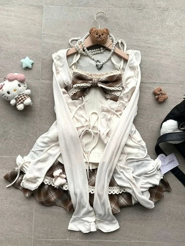 Voguable  Early Autumn Three-Piece Set Breathable V-Neck Checkered  Knot Strap Bell-Cuff Open Cardigan Atmosphere Feeling Clot... voguable