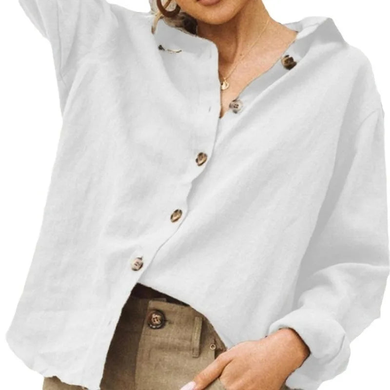 Voguable  Fashion Solid Color Loose Fit Simple Versatile Casual Women's Shirt Turn-dowen Collar Button Lightweight Long Sleeved Shirt New voguable