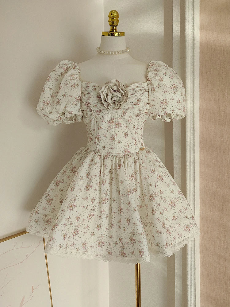 Fashion Women Dress Patchwork Lace 3D Flowers Print Short Puff Sleeve Square Collar Female Party Dress New Tide voguable