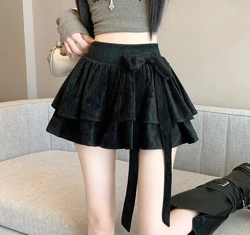 Sweet Bow Cake Skirts Women Vintage Slim High Waist Sexy Mini A Line Skirt Korean Preppy Style Fall Winter Dance Skirt New voguable