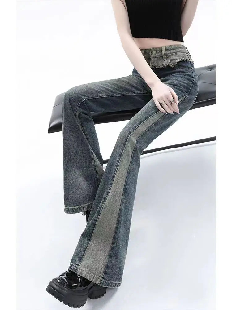 American High Street Spicy Girls Low Waist Jeans Women Autumn Vintage Y2k Design Sense Slim Fit Straight Tube Micro Flare Pants voguable