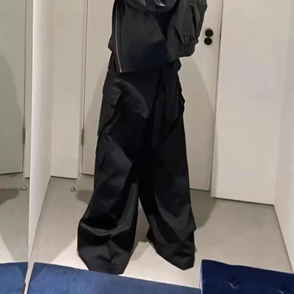 Style Wide Leg Drawstring Black Cargo Pants Unisex Straight Baggy Casual Overalls Men's Streetwear Loose Oversized Trousers